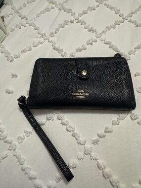 Coach Black Pebbled Leather Wristlet with Gold Logo
